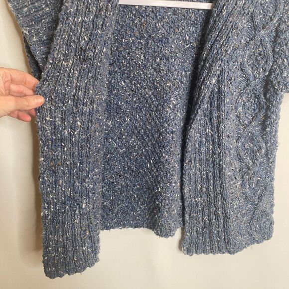 Handmade Cable Knit Shawl Collar Blue Speckled Yarn Cardigan Ribbed Sleeve Small - Picture 6 of 10